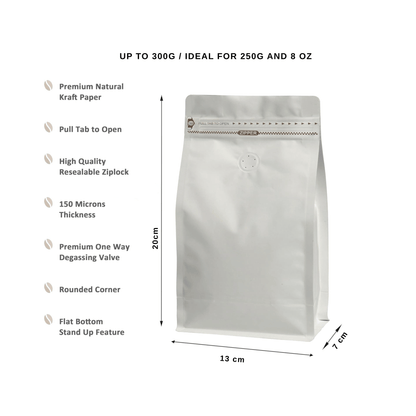 White Kraft Coffee Bag with Valve and Zipper up to 300g/10.5 oz - pack of 50