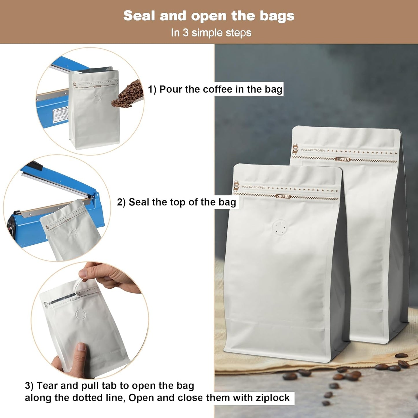 White Kraft Coffee Bag with Valve and Zipper up to 300g/10.5 oz - pack of 50